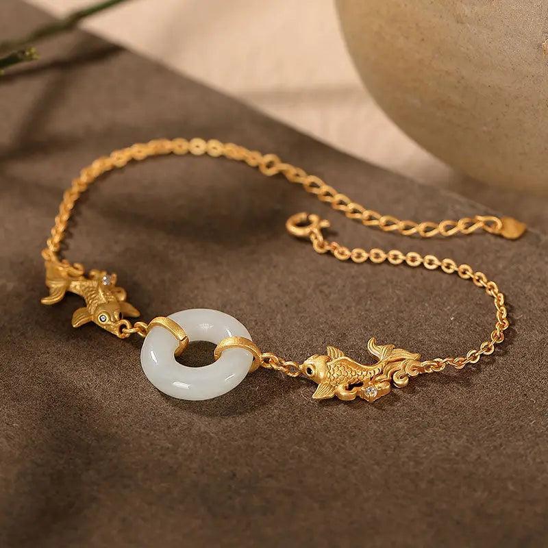 Vintage Hetian Jade Fish Bracelet S925 Sterling Silver Plated Women's Ornament