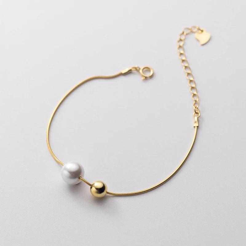 925 Silver Snake Chain Bracelet with Round Pearl for Women