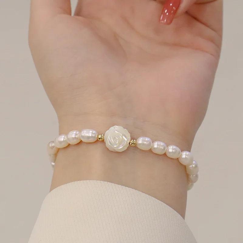 Baroque Freshwater Pearls Flower Shell Beaded Strand Bracelets for Women