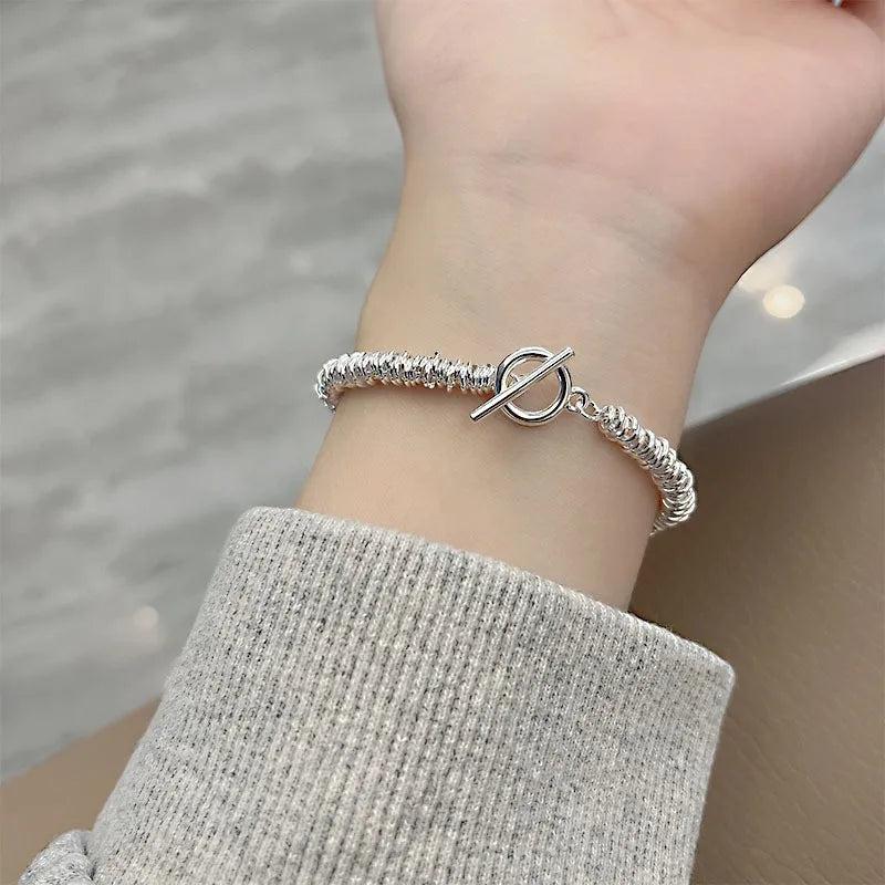 925 Sterling Silver HipHop Round Chain Bracelet Vintage Hasp Bracelet