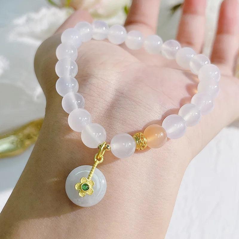 Rf Lucky Round Flower Emerald Charm Agate Beaded Bracelet YBR744