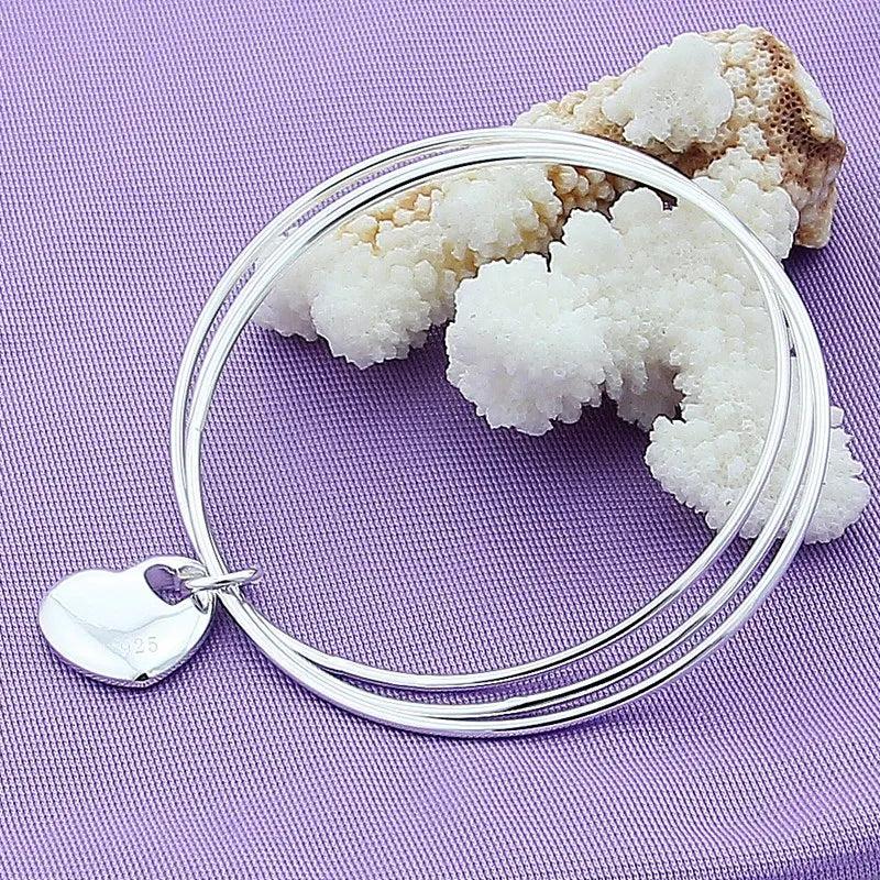 925 Silver Three Circle Heart Bangle Bracelet Wedding Party Jewelry