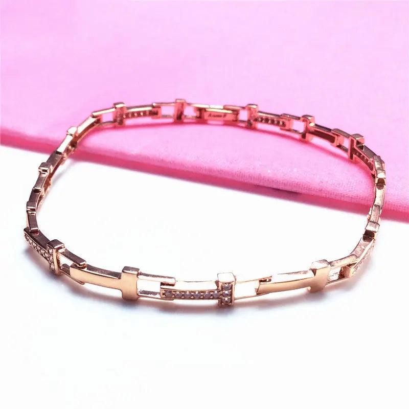 14K Rose Plated Purple Crystal Letter T Bracelet for Women