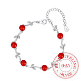 925 Silver Zircon Tree Leaves Crystal Red Charm Bracelet Women's Gift