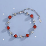 925 Silver Zircon Tree Leaves Crystal Red Charm Bracelet Women's Gift