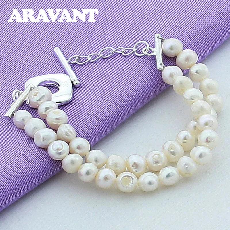 925 Silver Double Layer Pearl Bracelet Women