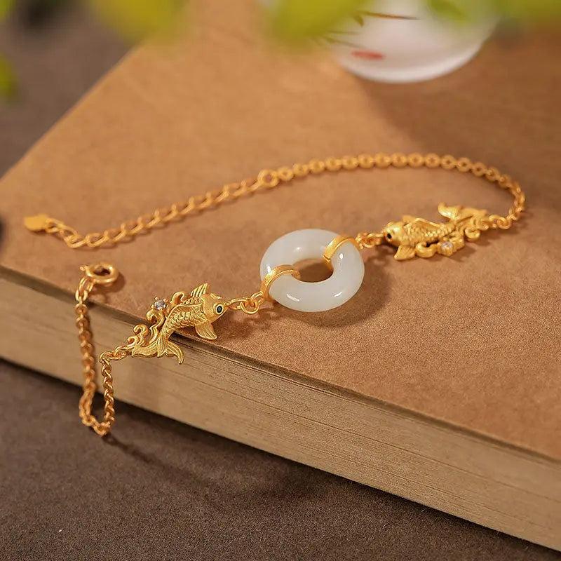 Vintage Fish Bracelet Natural Hetian Jade S925 Silver Plated Women's Ornament
