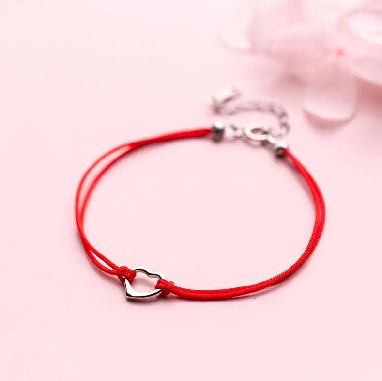 925 Sterling Silver Heart Red Rope Chain Bracelet for Women