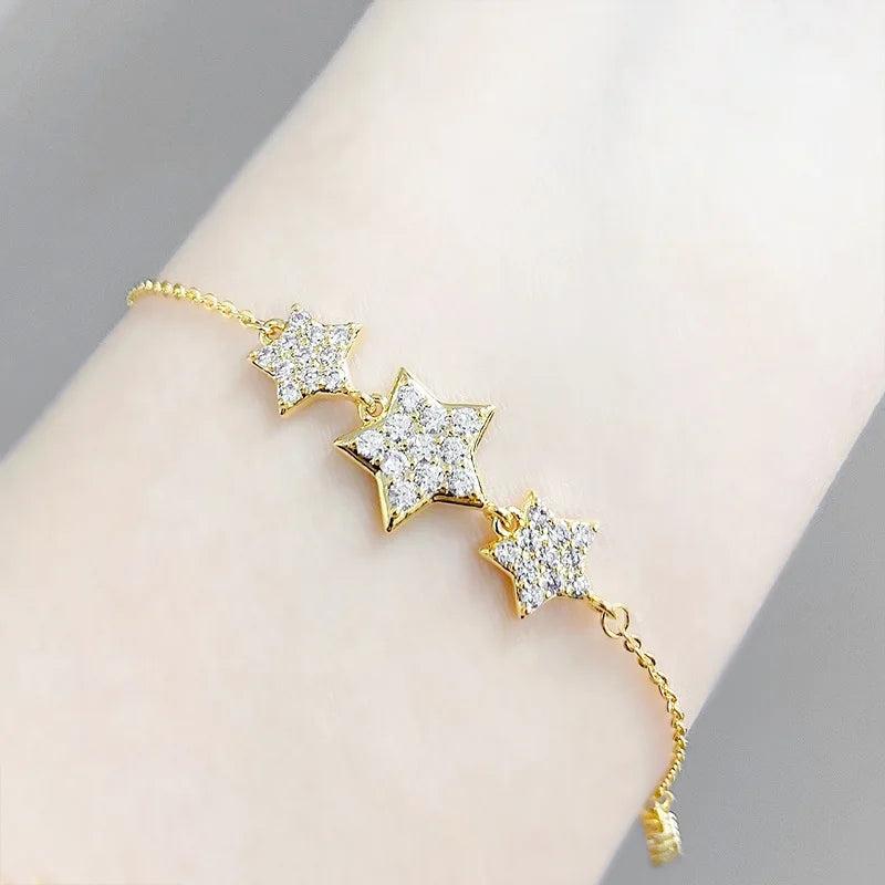 Zircon Star Charm Bangle Bracelet 14K Plated Gift