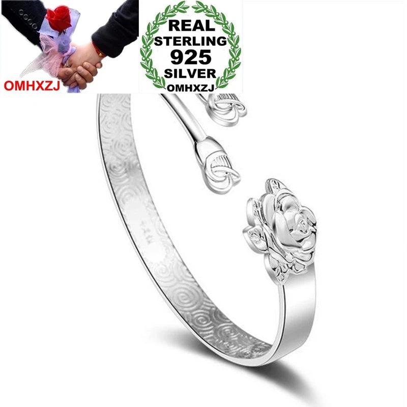 Rose Flower 925 Silver Cuff Bracelet Bangle SZ79