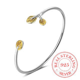 925 Silver Leaf Charm Bracelet for Women Adjustable Cuff Bangle