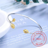 925 Silver Leaf Charm Bracelet for Women Adjustable Cuff Bangle