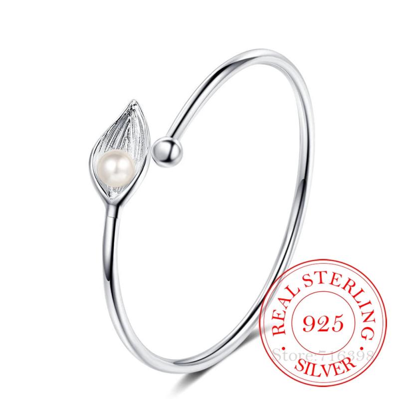 925 Silver Pearl Leaf Cuff Bracelet Adjustable Charm Bangle