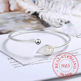 925 Silver Pearl Leaf Cuff Bracelet Adjustable Charm Bangle