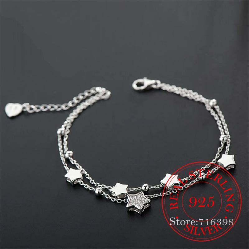 Crystal Star Bead 925 Silver Charm Bracelet Bangle for Women Wedding Party