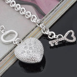 925 Silver Heart Charm Bracelet for Women, Party Gift, Thick Chain