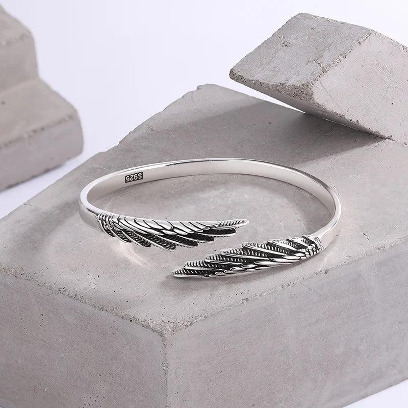 Silver Retro Feather Angel Wings Women's Open Bracelet Gift