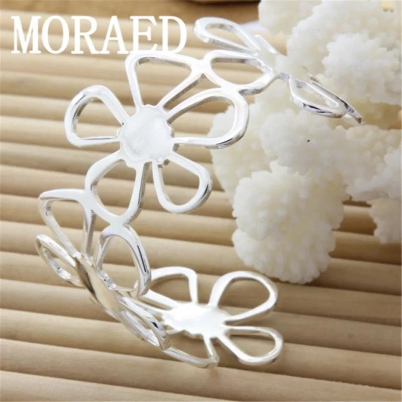 925 Sterling Silver Bangle Bracelet Women Flower Big Bangle Jewelry