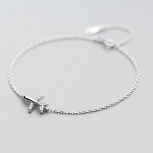 925 Silver Zircon Airplane Charm Bracelet Adjustable Chain Plane Jewelry