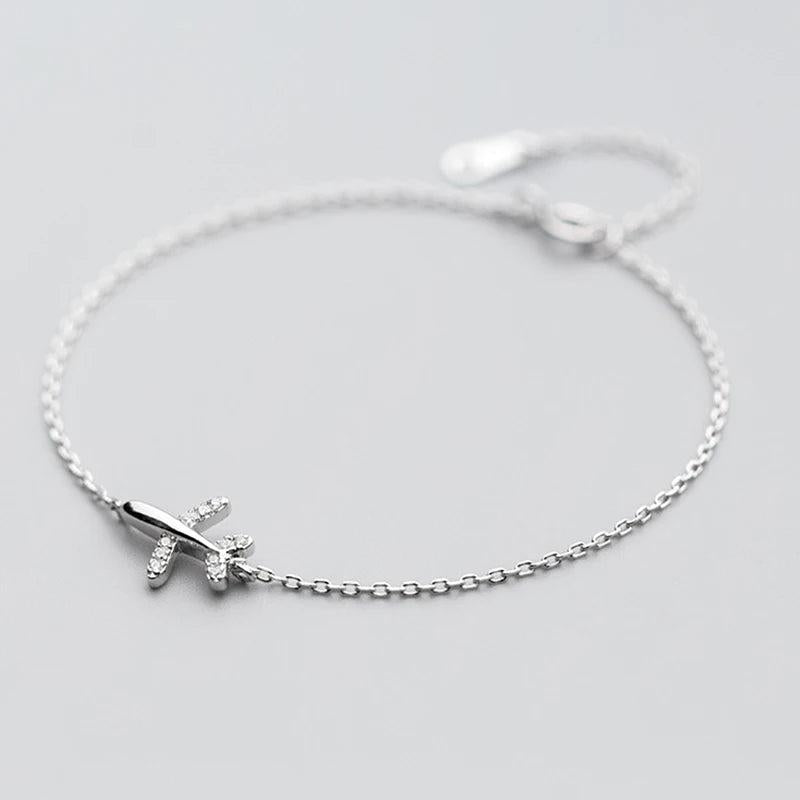 925 Silver Zircon Airplane Charm Bracelet Adjustable Chain Plane Jewelry