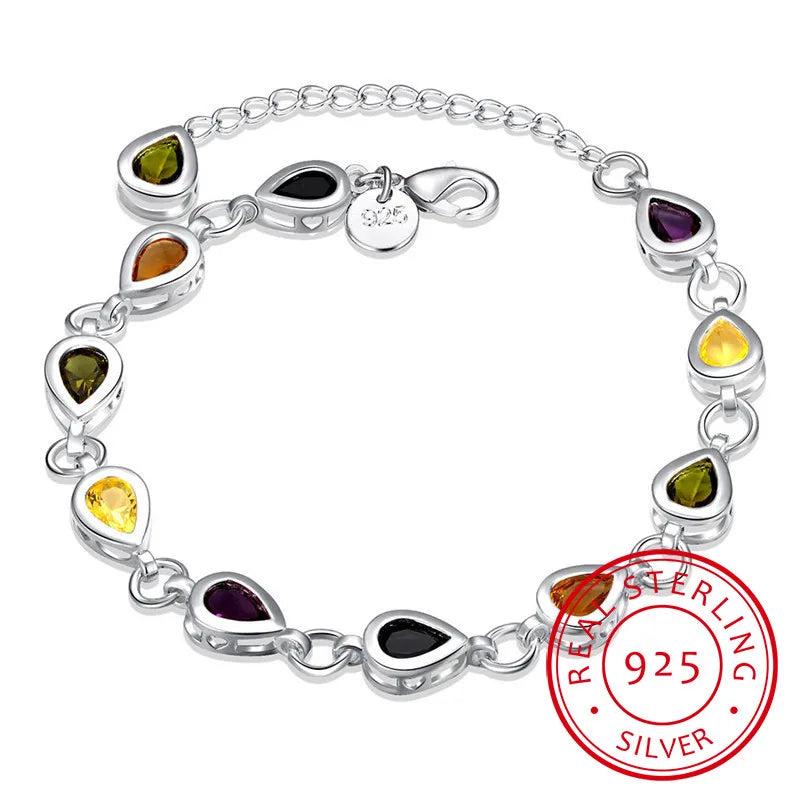 925 Silver Heart Zirconia Bracelet Colorful Rhinestone Women Gift