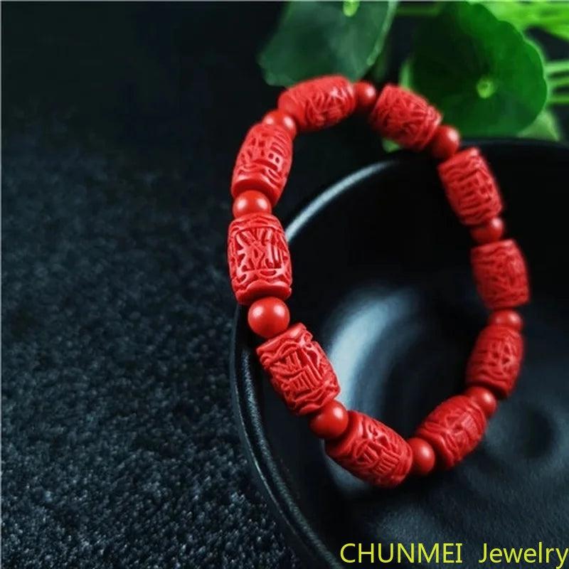Chinese Red Organic Cinnabar Carving Beads Elastic Bracelet Luck Amulet