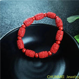 Chinese Red Organic Cinnabar Carving Beads Elastic Bracelet Luck Amulet