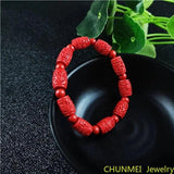Chinese Red Organic Cinnabar Carving Beads Elastic Bracelet Luck Amulet