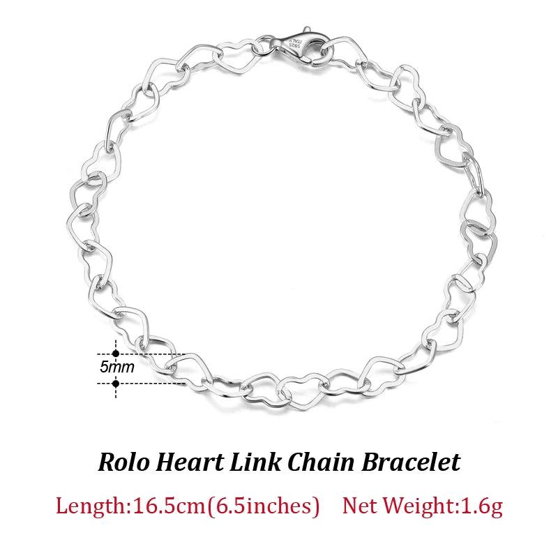 925 Silver Heart Link Chain Bracelet 6.5-8 Inch