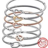 925 Sterling Silver Logo T-Bar Snake Chain Heart Closure Bracelet