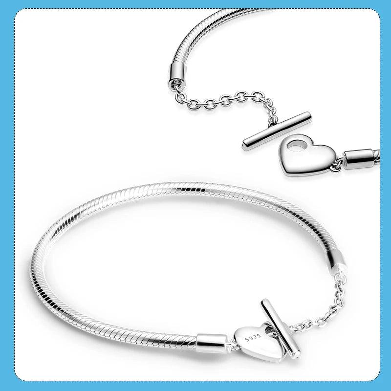 925 Silver Heart T-Bar Snake Chain Bracelet for Women