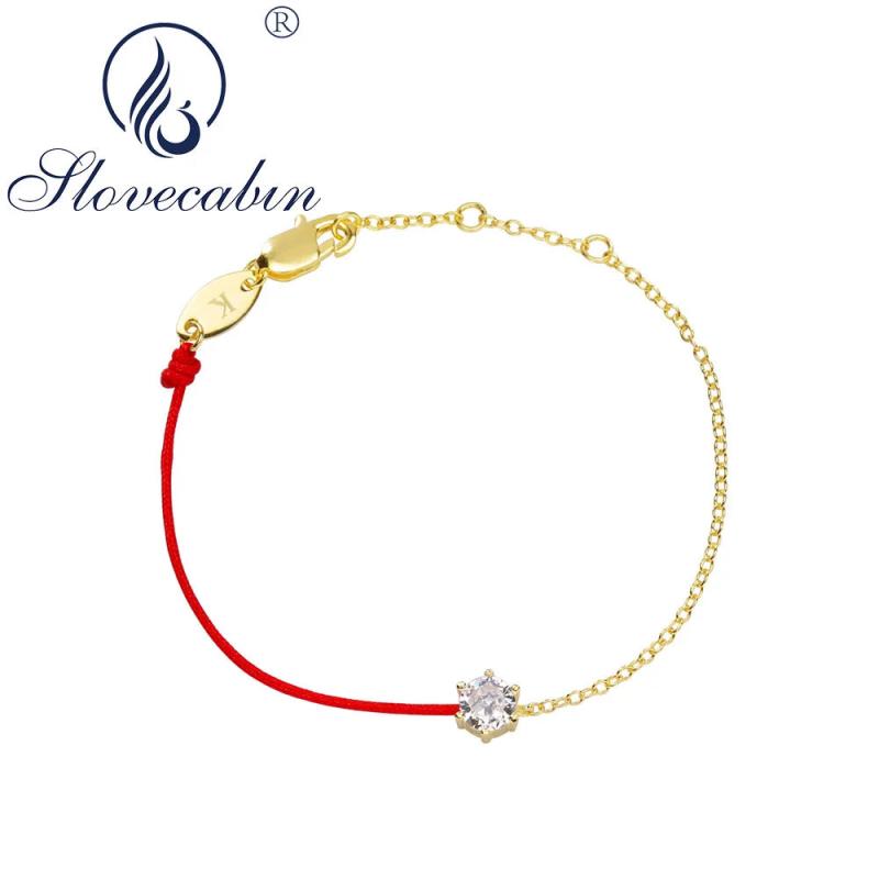 925 Silver Red Rope Bracelet Crystal Clear CZ Chain Women Gift