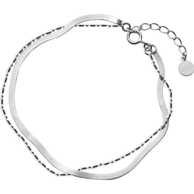 925 Silver Snake Chain Bracelet Double Layers Bead Chain