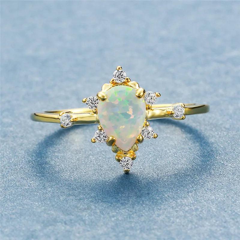 Fire Opal Ring Silver Water Drop Engagement Promise Love Wedding Rings