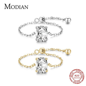 925 Sterling Silver Oval Zirconia Finger Ring Adjustable Chain Link Rings