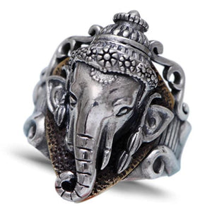 925 Sterling Silver Elephant Head God Men's Wide-Faced Ring