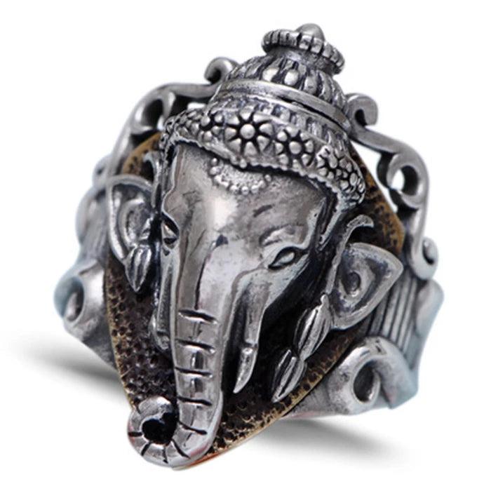 925 Sterling Silver Elephant Head God Men's Wide-Faced Ring