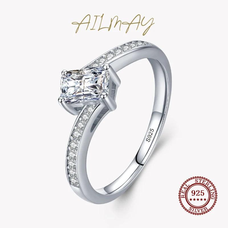 925 Silver CZ Rectangle Asymmetry Ring Wedding Jewelry
