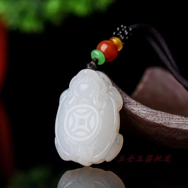 Hetian Jade Stone Dragon Turtle Pendant Necklace Carved Jadeite Jewelry