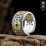 925 Silver Five Emperors Copper Coin Adjustable Ring Ethnic Silver Jewelry
