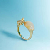 Autumn Zircon Hetian Jade Cat Oval Adjustable Silver Ring