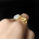 Autumn Zircon Hetian Jade Cat Oval Adjustable Silver Ring