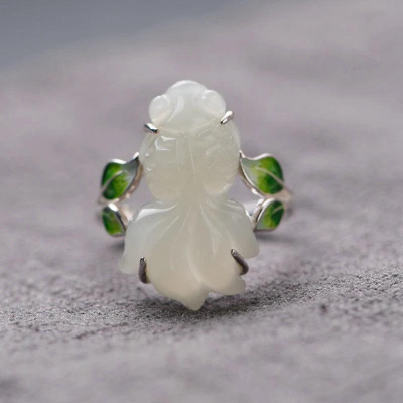 Chinese Enamel Porcelain Jade Goldfish Ring for Women