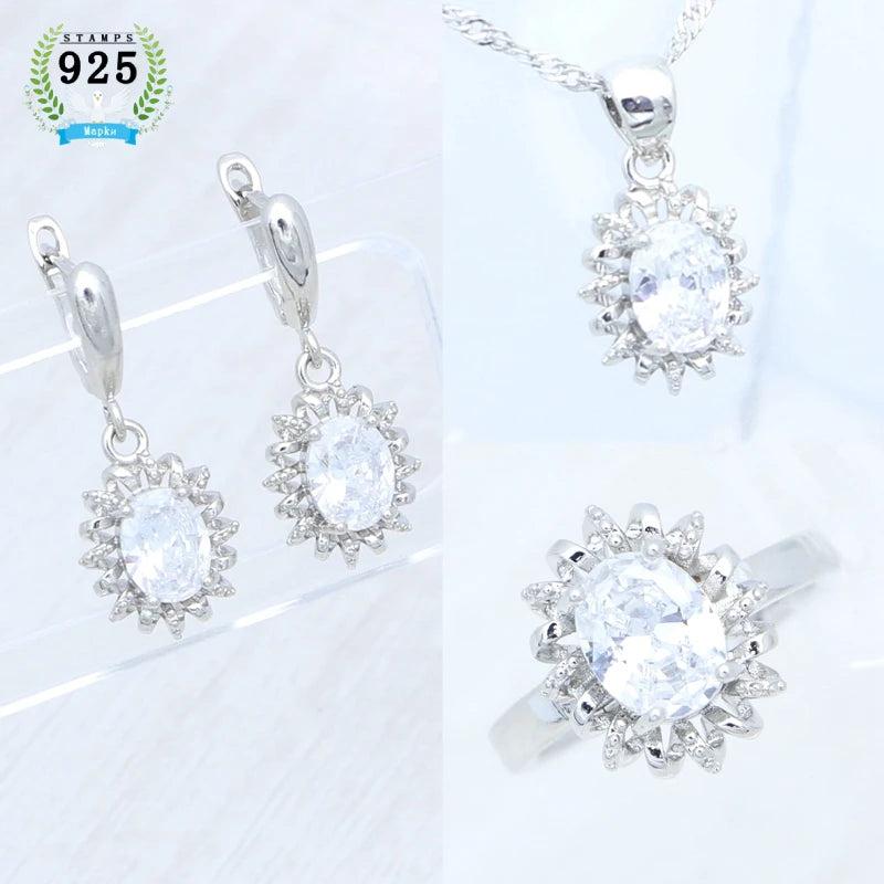 925 Silver Bridal Wedding Jewelry Set CZ Open Ring Pendant Earrings Chain