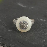Sterling Silver Fu Character Enamel Agate Peace Buckle Charm Ring
