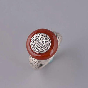 Sterling Silver Fu Character Enamel Agate Peace Buckle Charm Ring