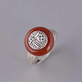 Sterling Silver Fu Character Enamel Agate Peace Buckle Charm Ring