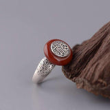 Sterling Silver Fu Character Enamel Agate Peace Buckle Charm Ring