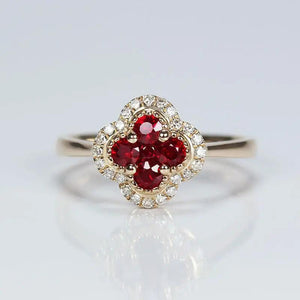 Silver Diamond Ruby Four Leaf Flower Adjustable Ring