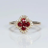 Silver Diamond Ruby Four Leaf Flower Adjustable Ring